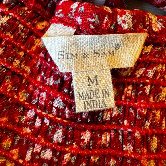 Sim & Sam Cropped Top Medium Red Ditsy Floral Smocked Waist Puff Sleeve Feminine - Picture 7 of 9